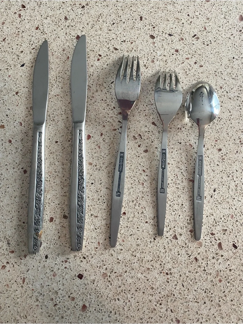 Set of 5 Vintage Coventry Bouquet Japan Floral-Pattern Stainless Flatware.